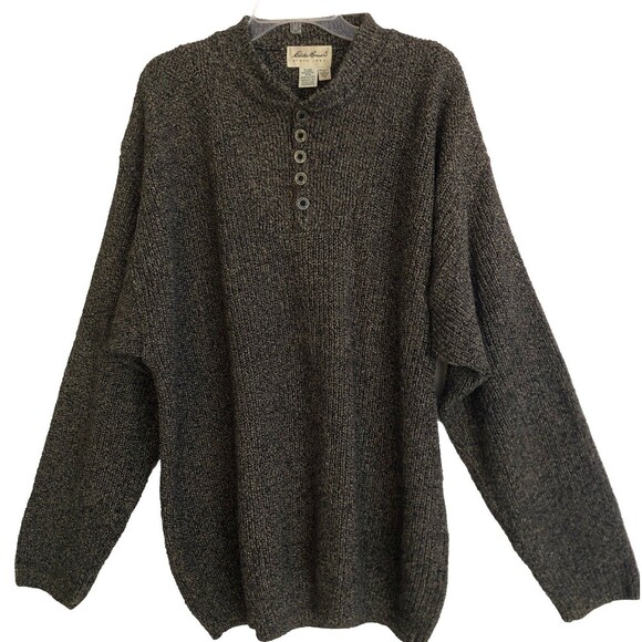 VTG Eddie Bauer Henley Fisherman Sweater Mens Sz XL Chunky Marled Knit USA - Picture 1 of 10